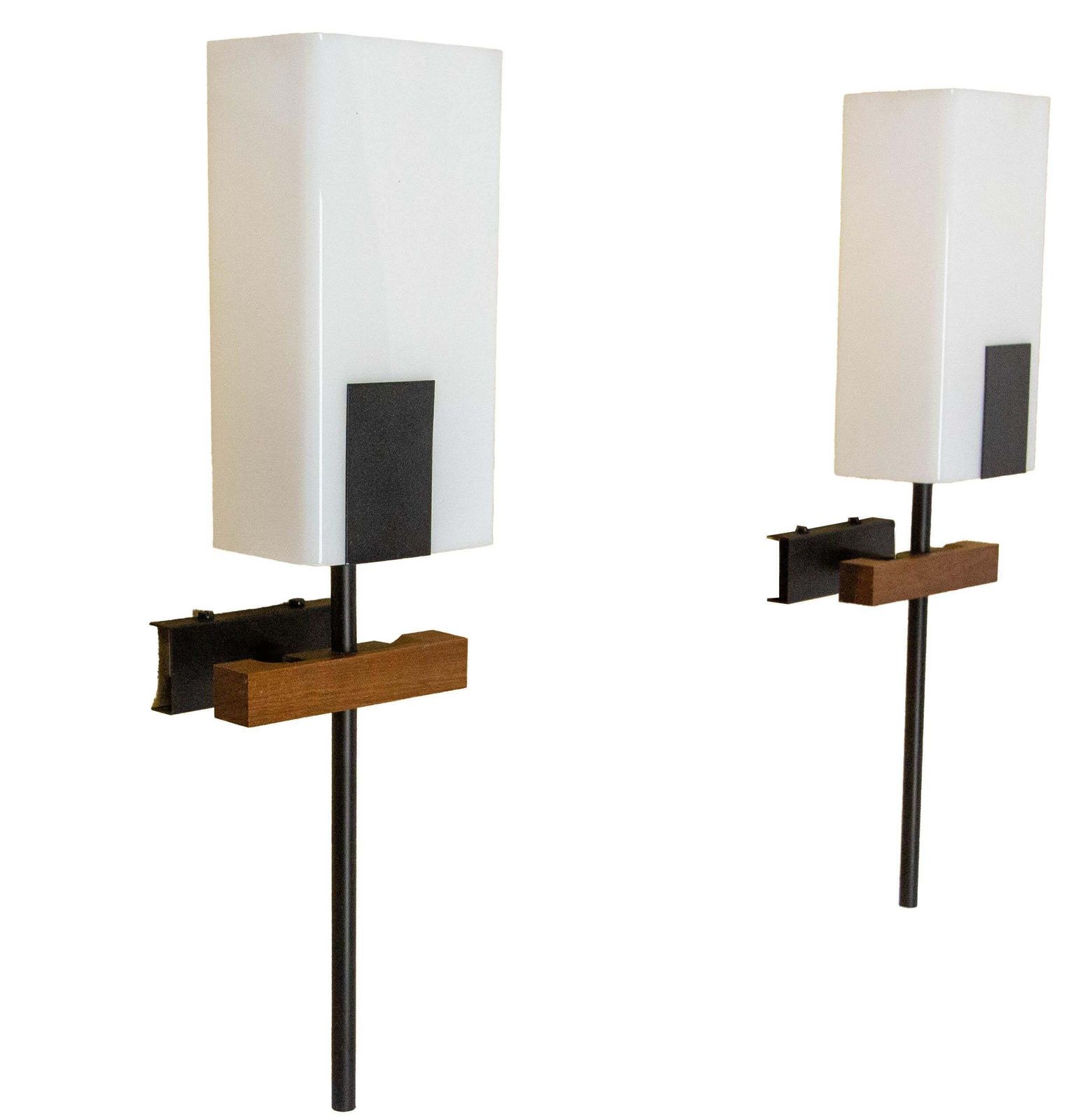 Pair Of Sconces Opalin Glass, Black Metal & Teak Circa 1960 France photo Lighting