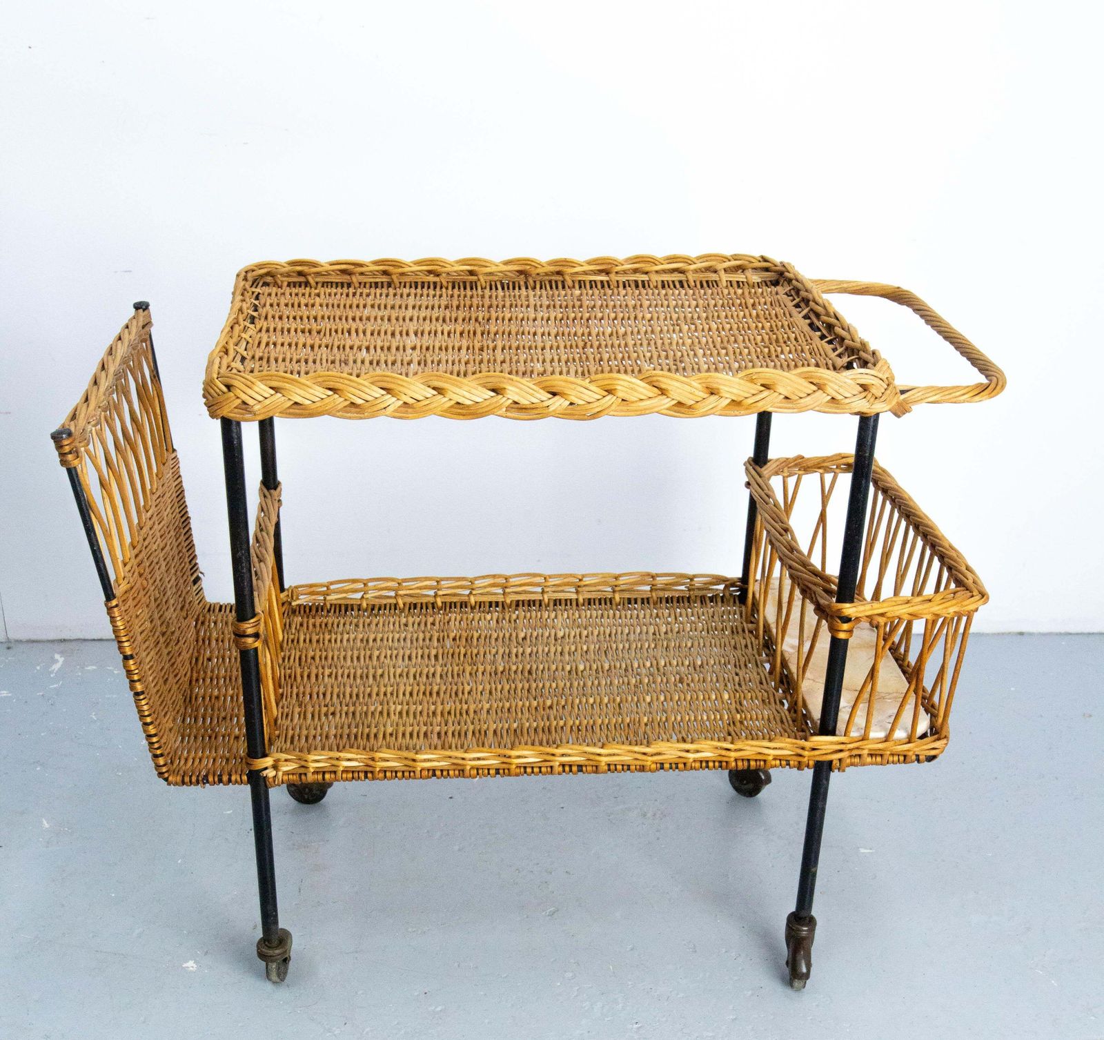 Midcentury Rattan And Black Metal Raoul Guys Trolley Bar Cart, Circa 1950 photo vinterior