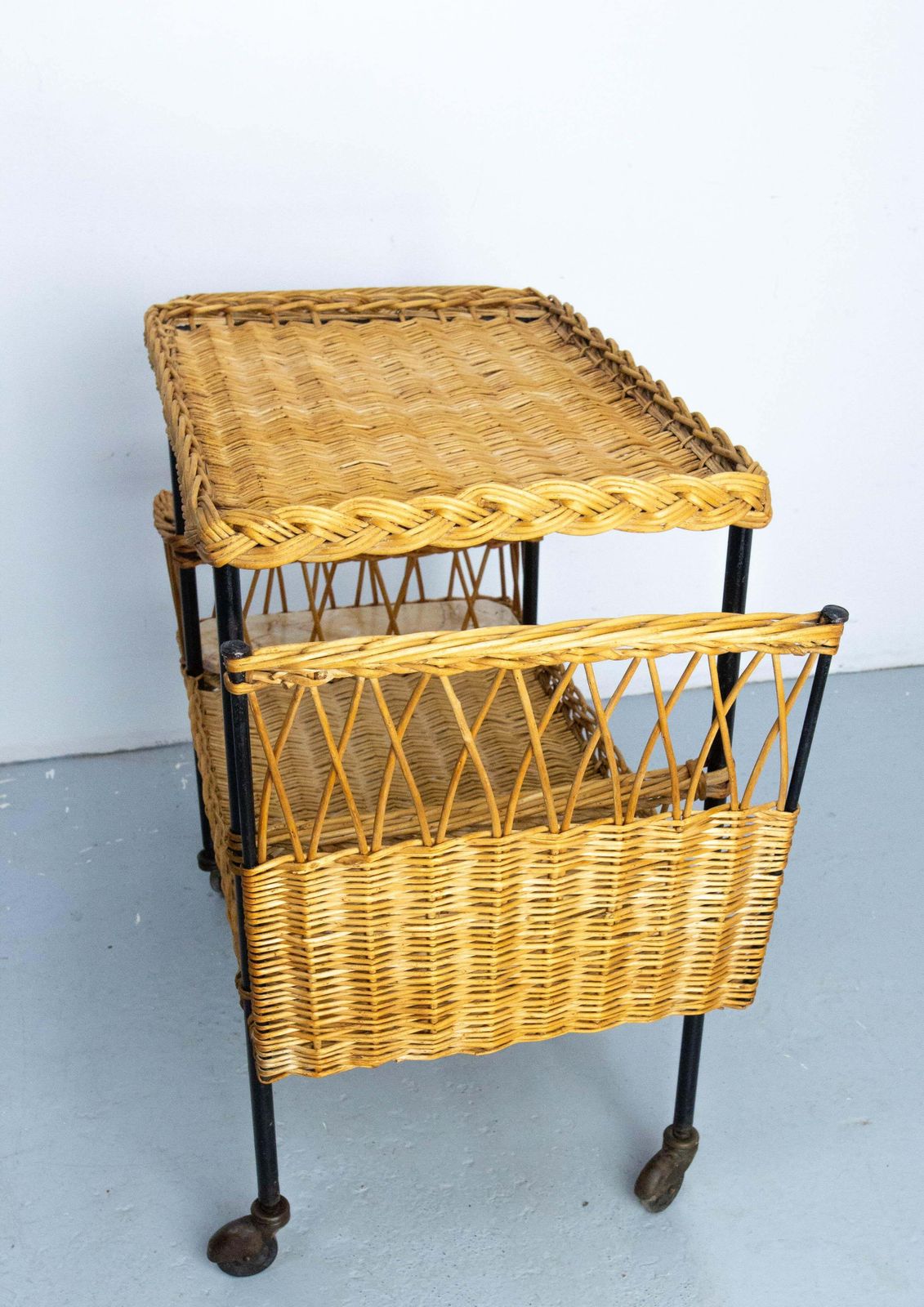Midcentury Rattan And Black Metal Raoul Guys Trolley Bar Cart, Circa 1950 photo buy