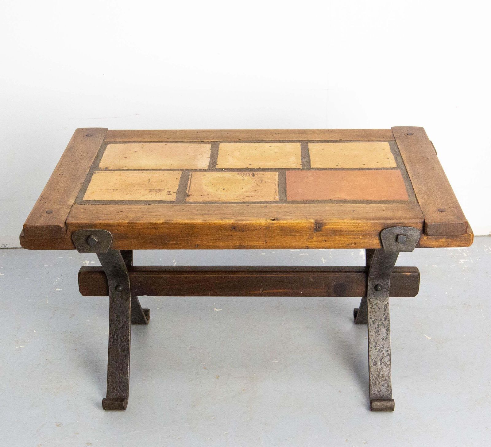 French Terracotta Tiles & Chestnut Top & Wrought Iron Coffee Table, Circa 1960 photo furniture