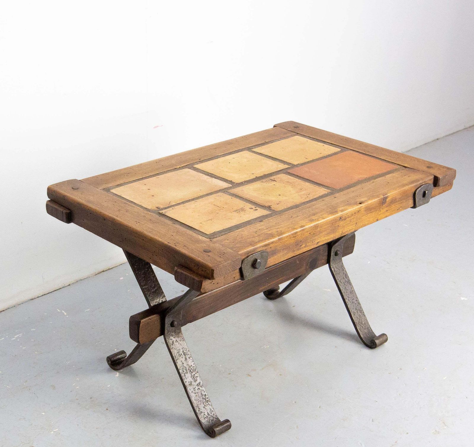 French Terracotta Tiles & Chestnut Top & Wrought Iron Coffee Table, Circa 1960 photo for sale