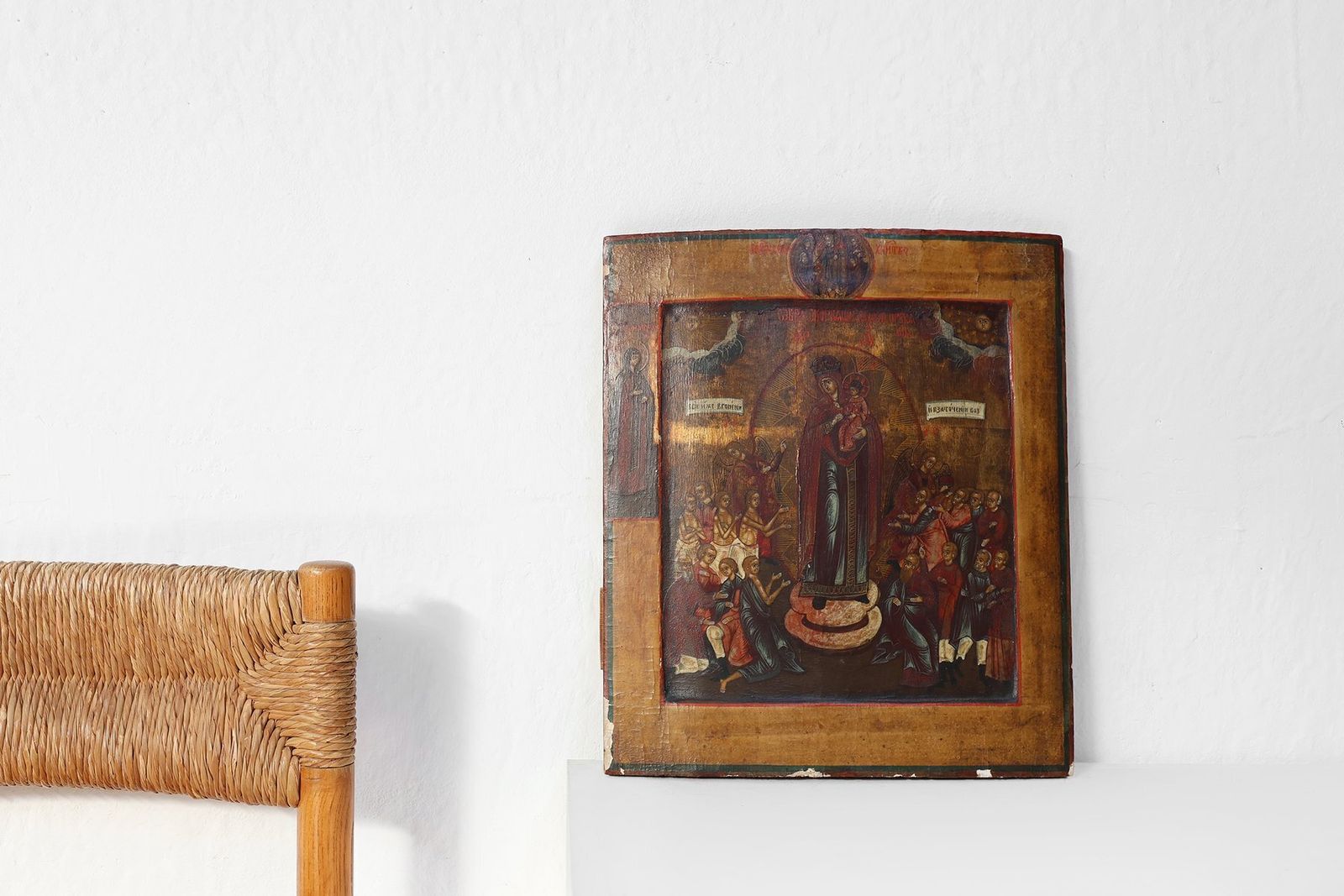 Traditional Religious Icon With Mother Of God, Joy Of All Who Sorrow, 1800s, Tempera On Wood photo furniture