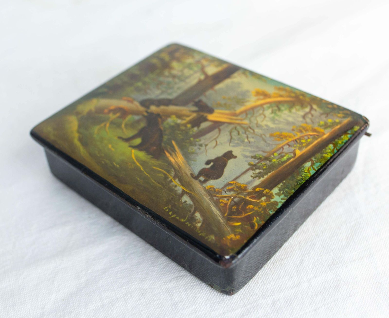 Russian Fedoskino Lacquered Box "Morning In A Pine Forest", Family Bear 1965 photo 304.0