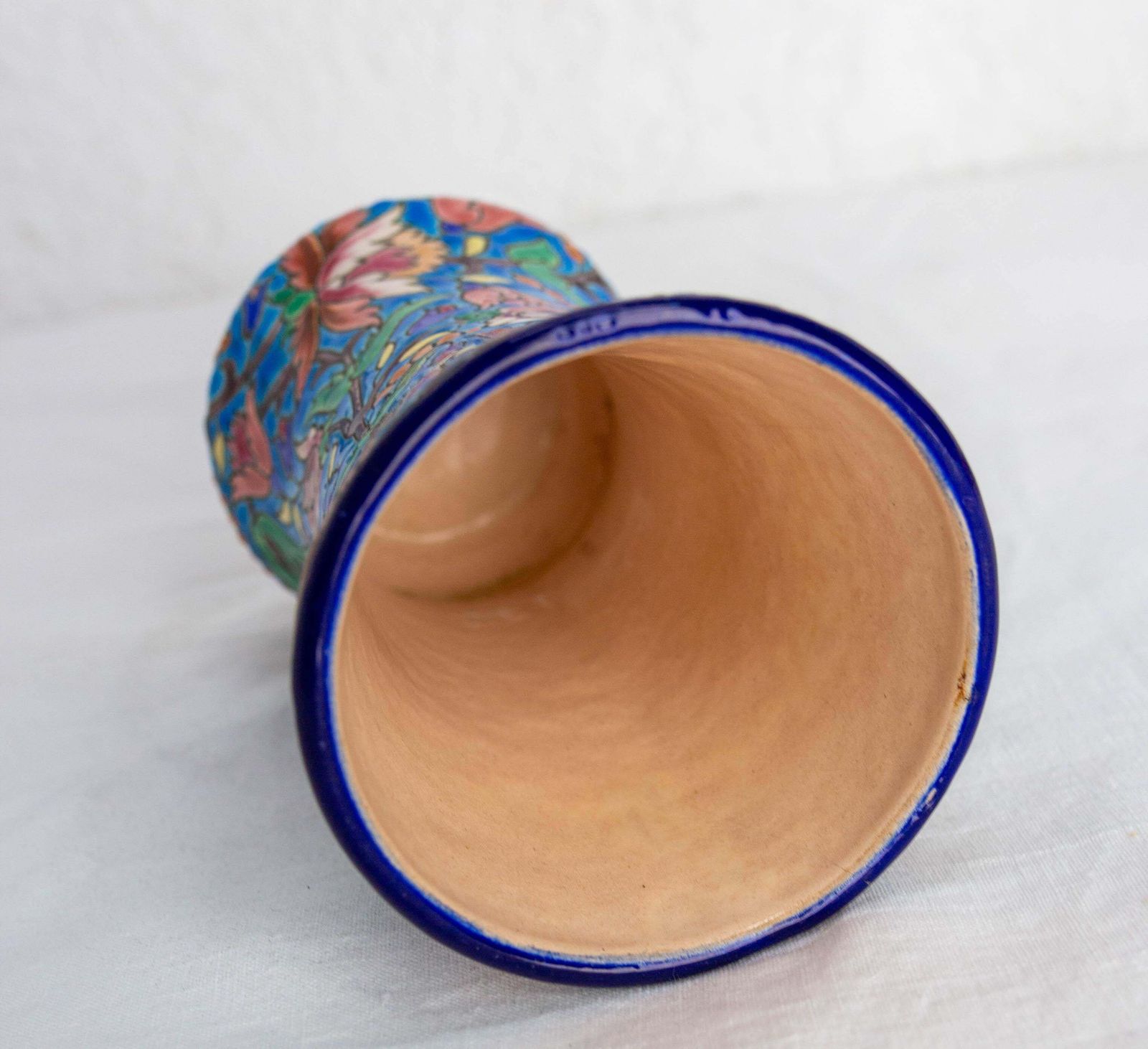 French Enameled Vase Longwy Manufacture Blue With Vegetal Motifs Circa 1960 photo vinterior