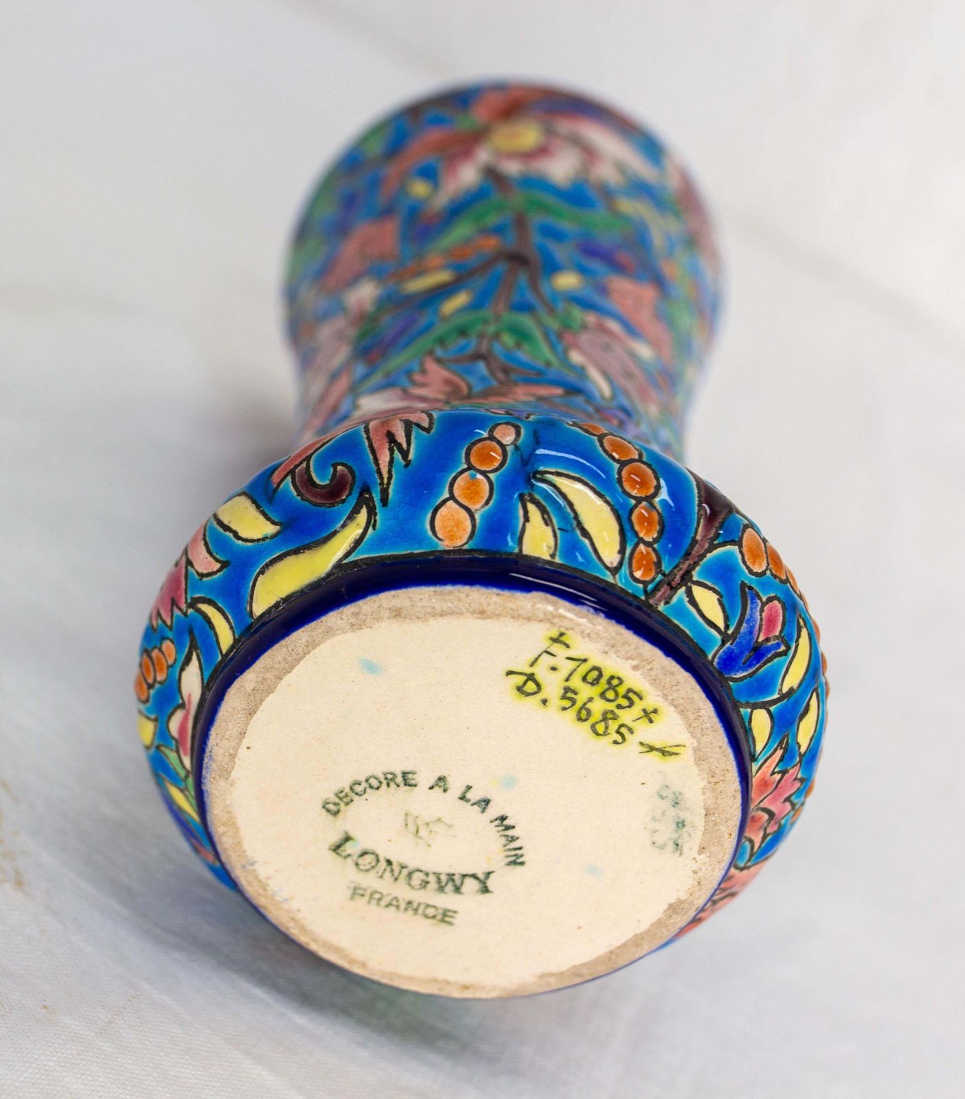 French Enameled Vase Longwy Manufacture Blue With Vegetal Motifs Circa 1960 photo buy