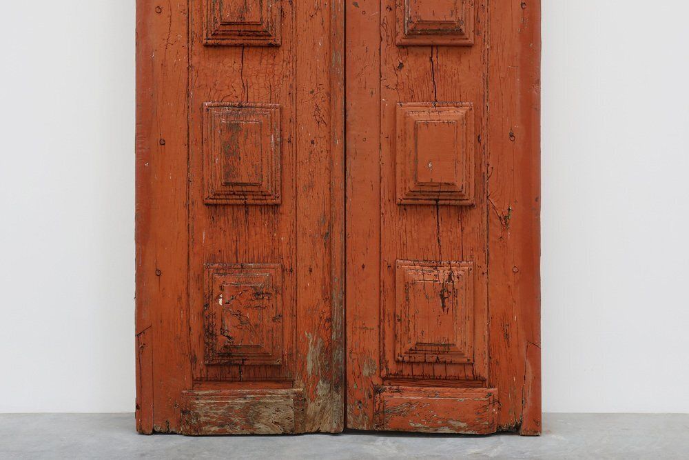 Large 17th Century Terracotta Lacquered Oak Monastery Doors, Portugal, Set Of 2 photo vintage