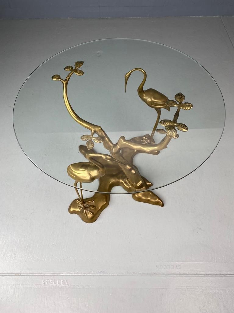 photo furniture Willy Daro Coffee Table Crane Bird Brass Bonsai Tree 1970 Belgium