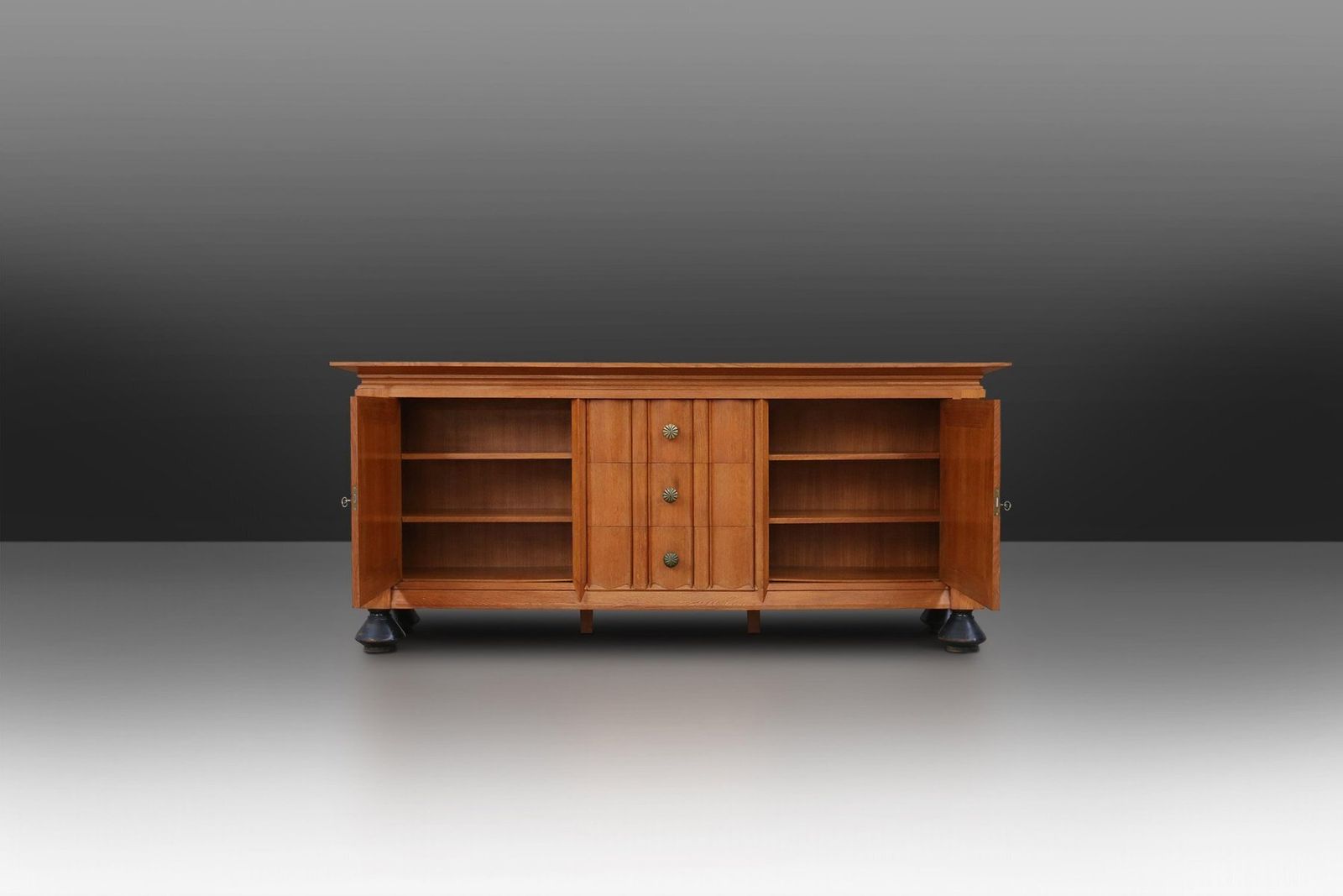 photo furniture Art Deco Brutalist Belgian Sideboard In Oak And Brass Details, 1940s