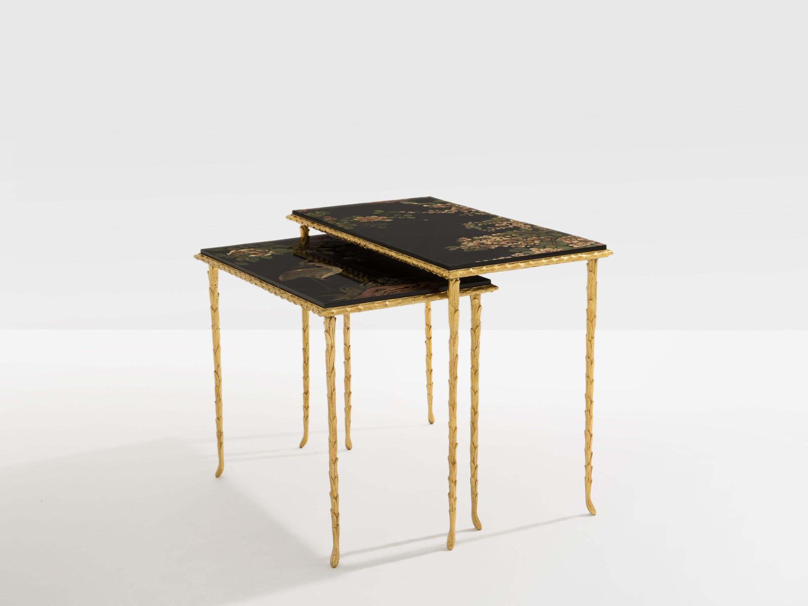 Maison Baguès Foliage Gilt Bronze Chinoiserie Lacquered Side Tables 1950s photo for sale