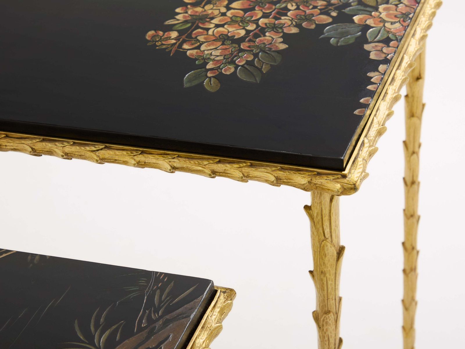 Maison Baguès Foliage Gilt Bronze Chinoiserie Lacquered Side Tables 1950s photo vinterior