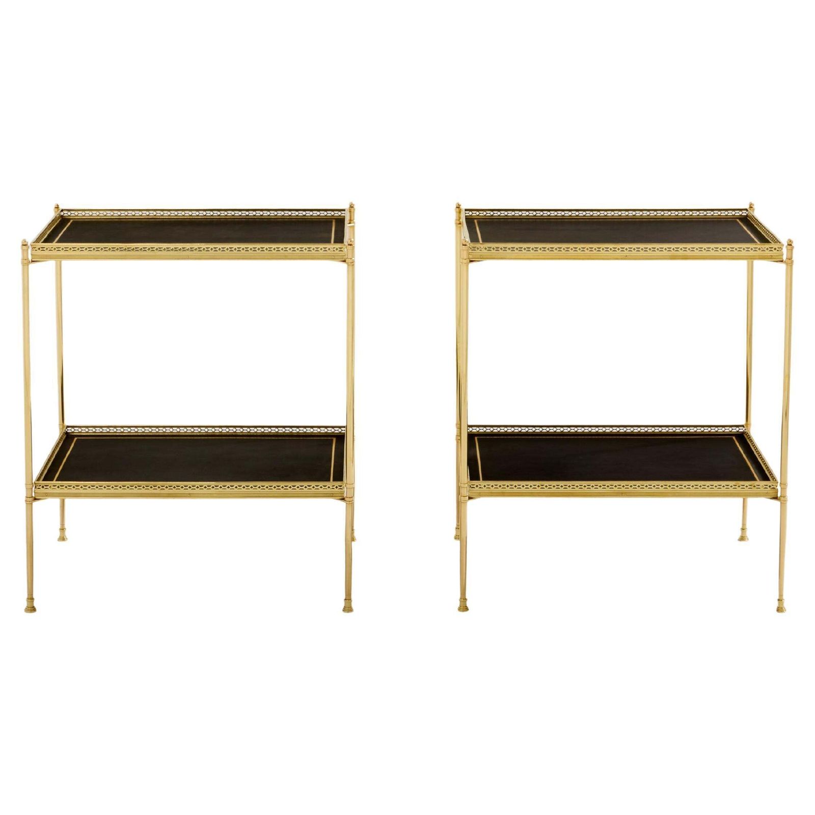 Paire de tables d'appoint à deux niveaux Maison Jansen en laiton et cuir noir, années 1960