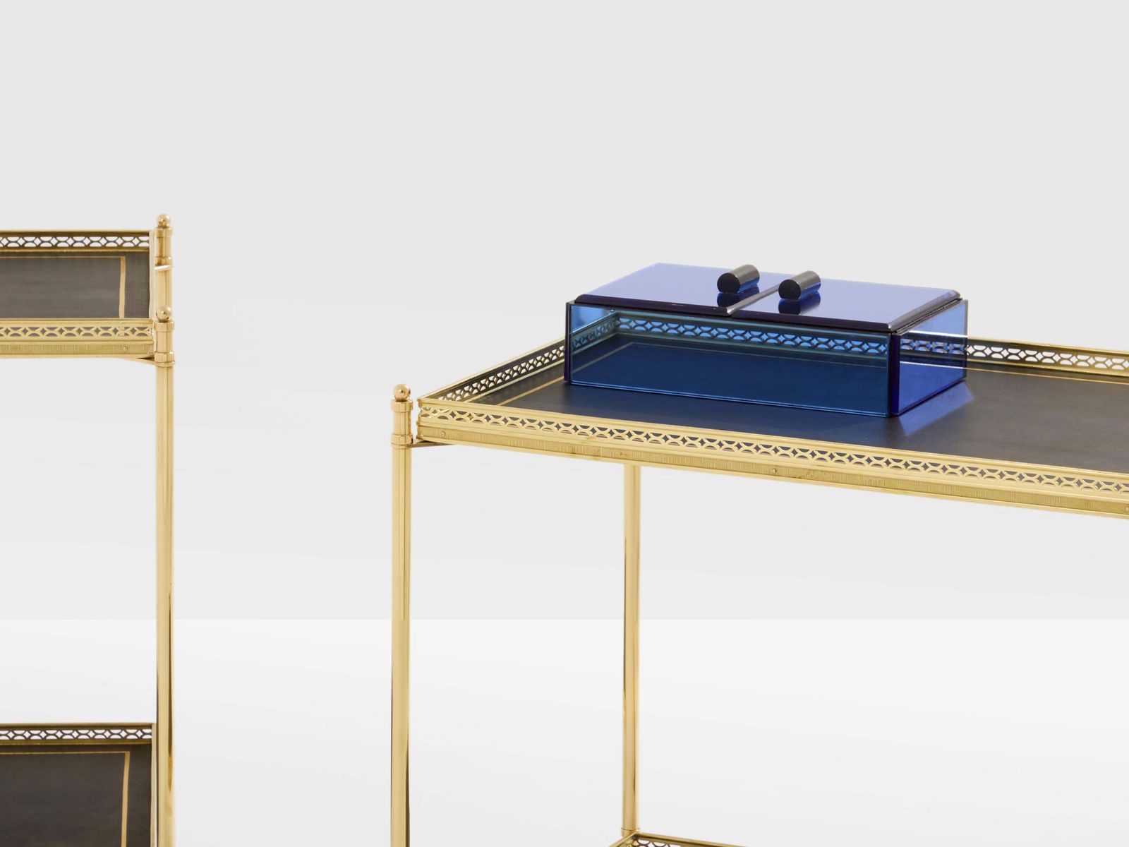 Maison Jansen Pair Of Two Tier Side Tables Brass Black Leather 1960s photo vintage