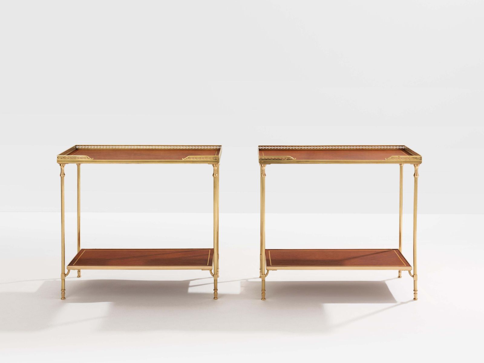 Maison Jansen Pair Of Two Tier Side Tables Brass Brown Leather 1960s photo for sale