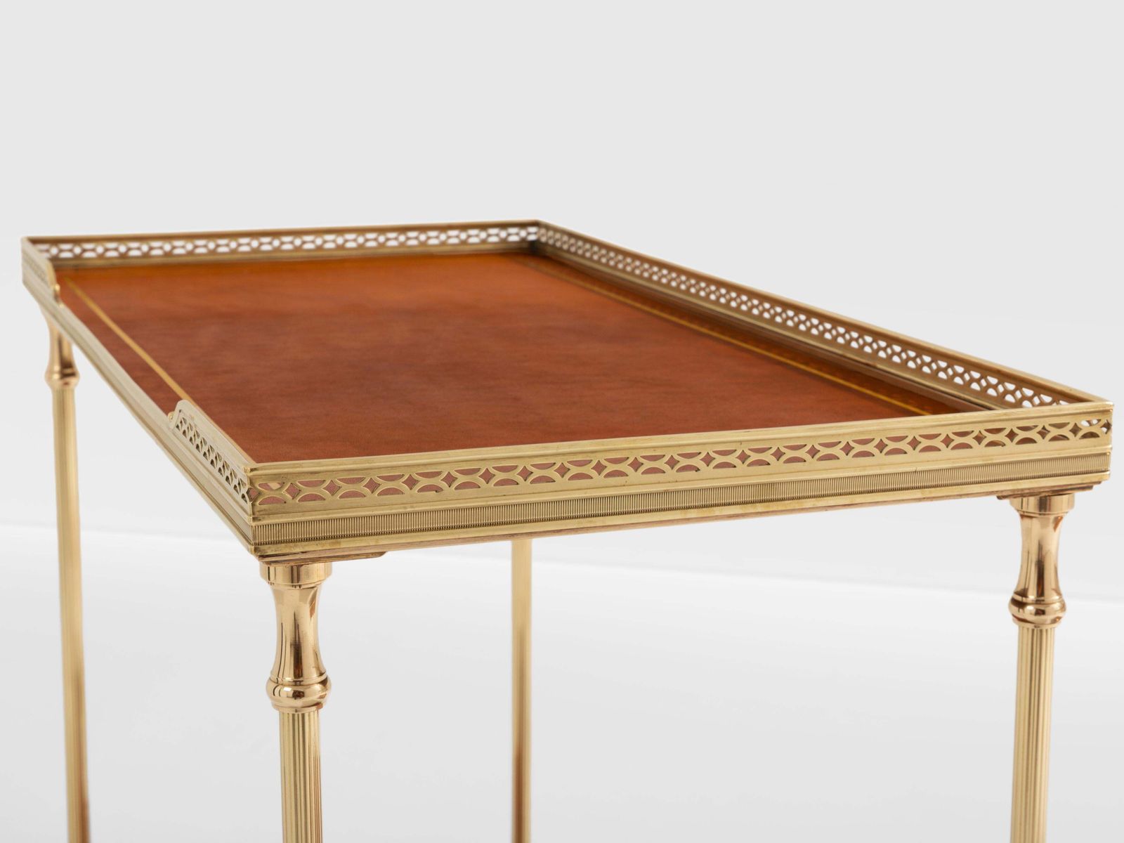 Maison Jansen Pair Of Two Tier Side Tables Brass Brown Leather 1960s photo buy