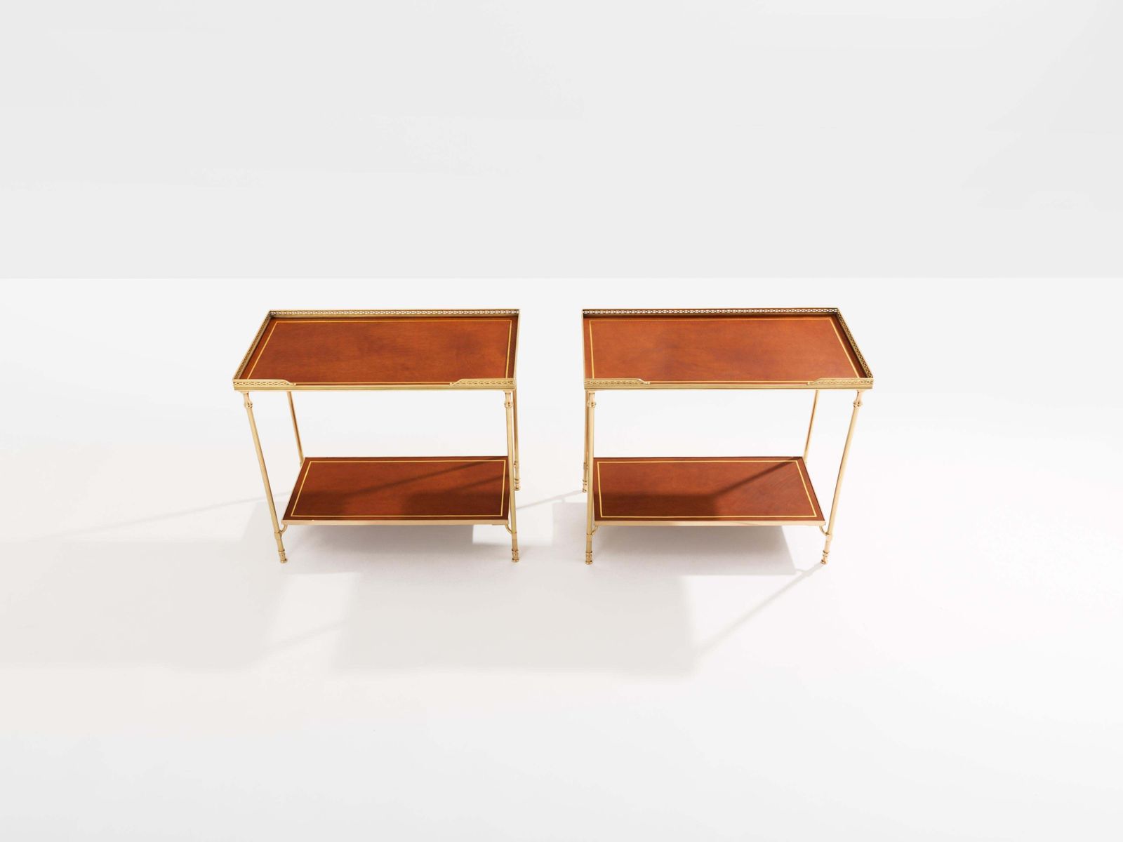 photo furniture Maison Jansen Pair Of Two Tier Side Tables Brass Brown Leather 1960s