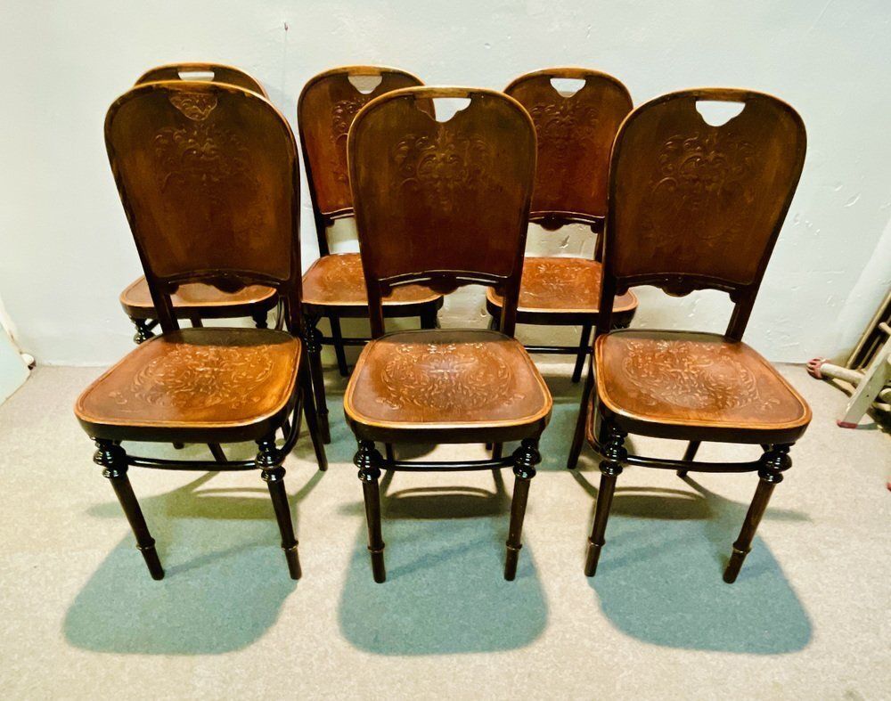 Hand Pantographed Khon Chairs From Thonet, 1906, Set Of 6