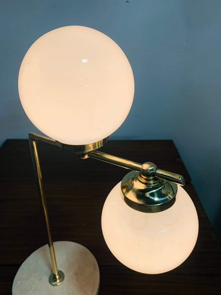 Art Deco Table Lamp In Brass And Marble With Opal Glass Spheres, Italy, 1940s photo furniture