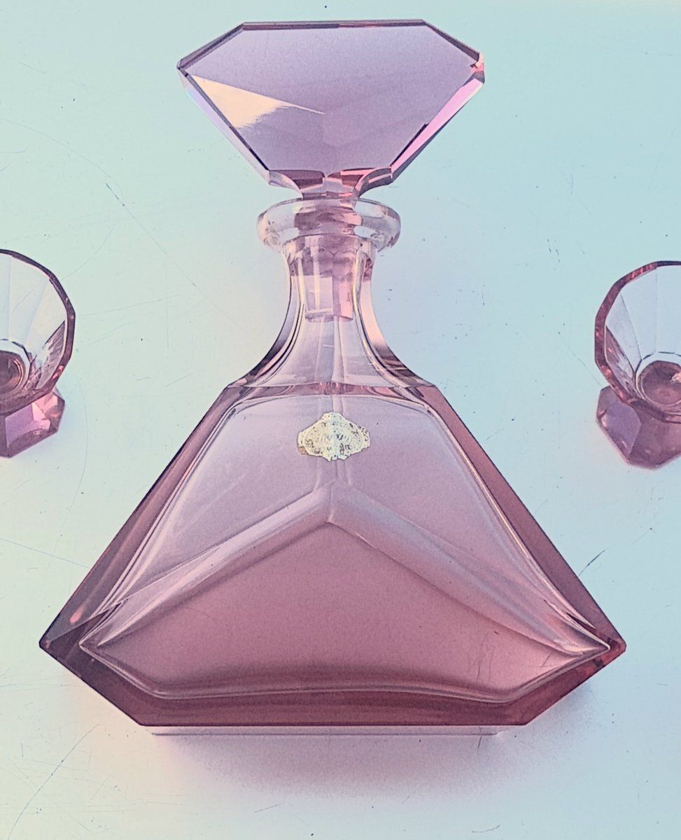 Art Deco Pink Crystal Glass Decanter With Glasses, Set Of 3 photo 394.0