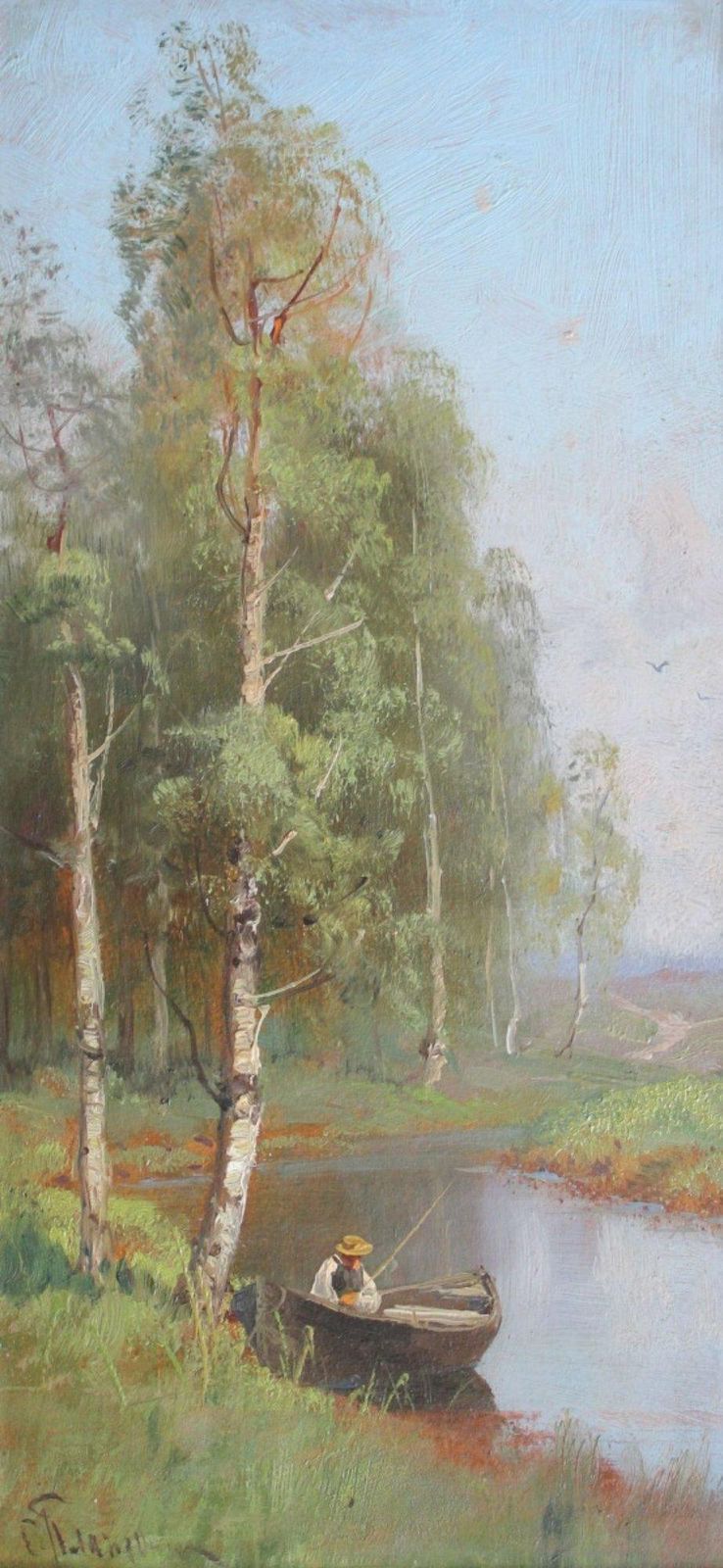 Semyon Sergeevich Platonovfisherman On The River  Oil On Cardboard, 40x20 Cm