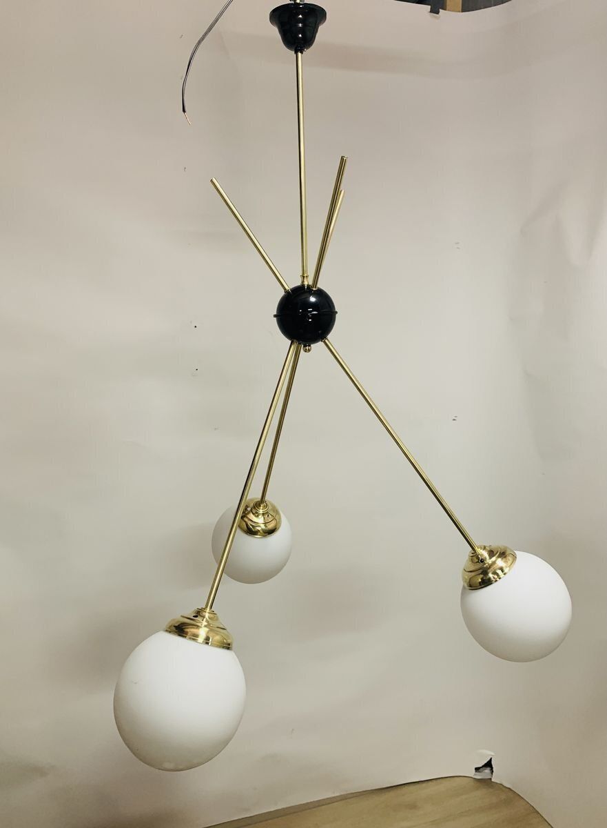 Mid Century Chandelier In Brass And Satin Opal Glass, Italy, 1960s photo Lighting