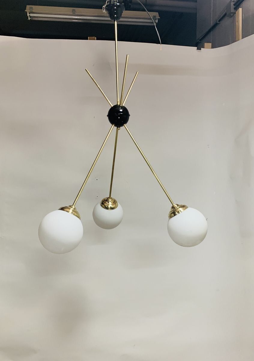 Mid Century Chandelier In Brass And Satin Opal Glass, Italy, 1960s photo 1706.0