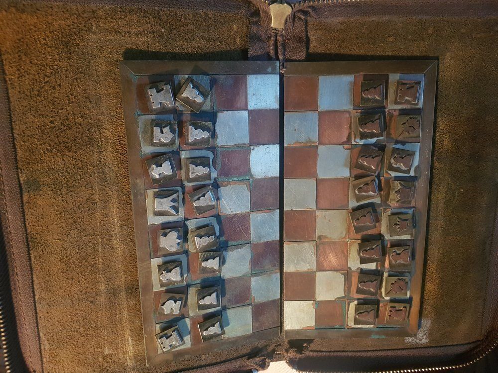 Handmade Travel Chess In Brass And Copper In Leather Bag photo furniture