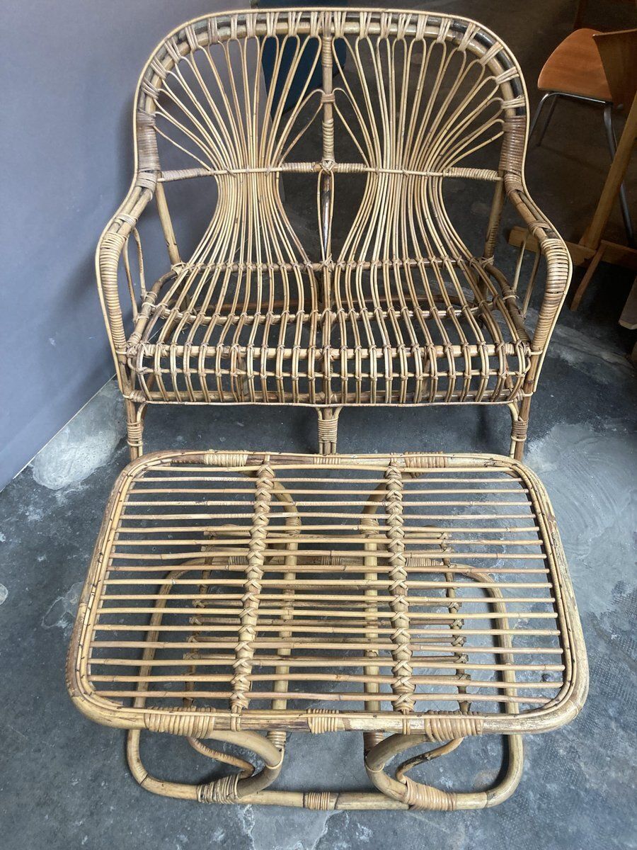 Rattan Loveseat And Table, 1950s, Set Of 2