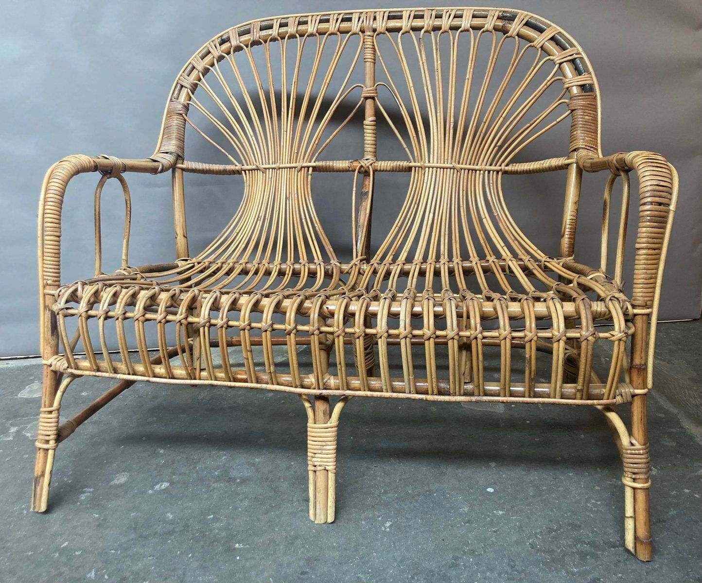 Rattan Loveseat And Table, 1950s, Set Of 2 photo Garden Furniture