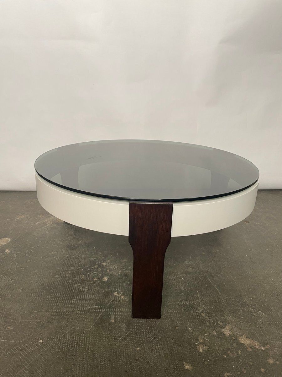 Round Coffee Table In White And Wengé With Smoked Glass Top, 1970s photo for sale