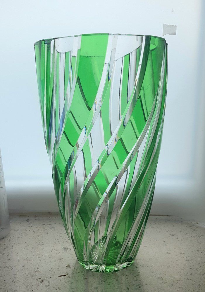 Antique Green Clear Crystal Cut Glass Vase By Joh. Oertel