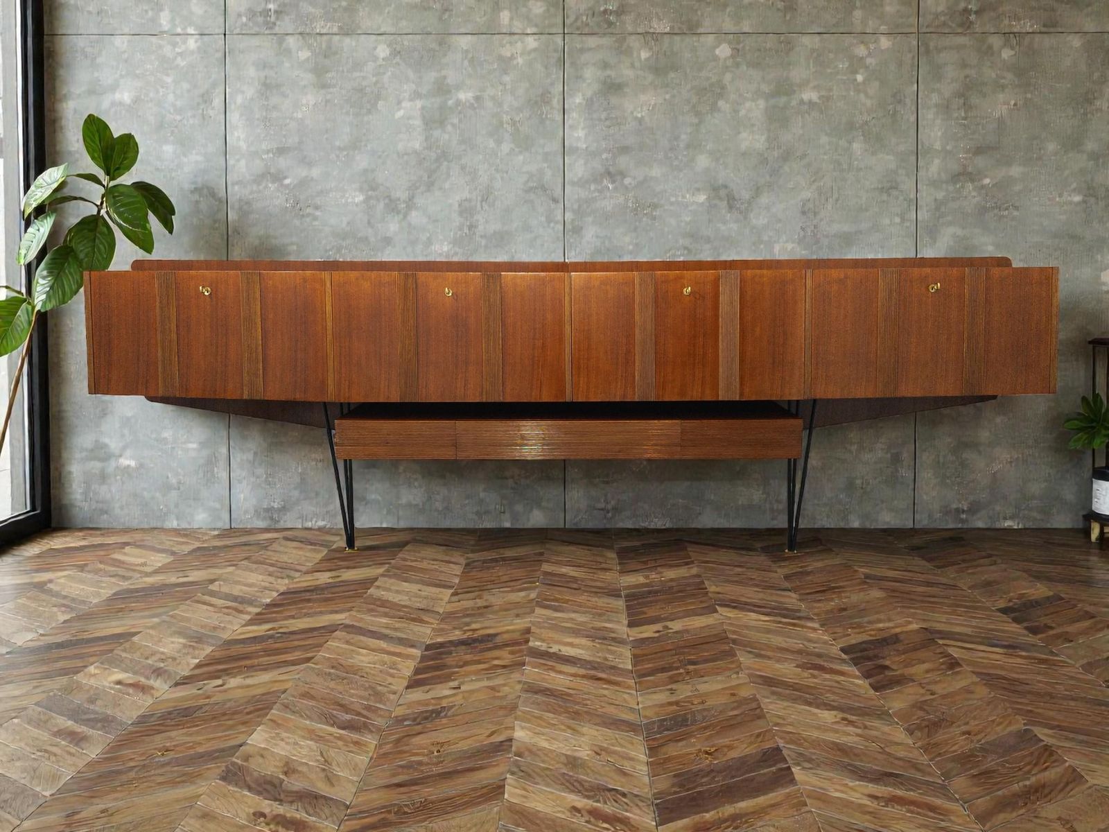 Italian Mid Century Long , Suspended Sideboard In Walnut, 1950s photo furniture