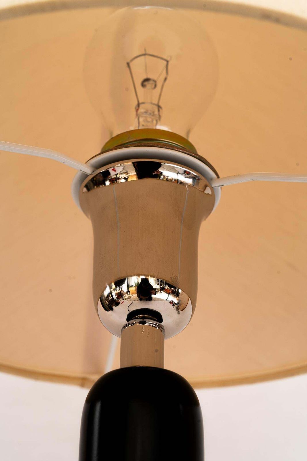 Big Wood And Nickel Table Lamp With Fabric Shade Around 1920s photo for sale