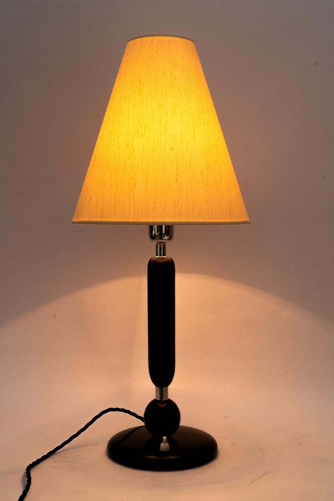 Big Wood And Nickel Table Lamp With Fabric Shade Around 1920s photo vintage