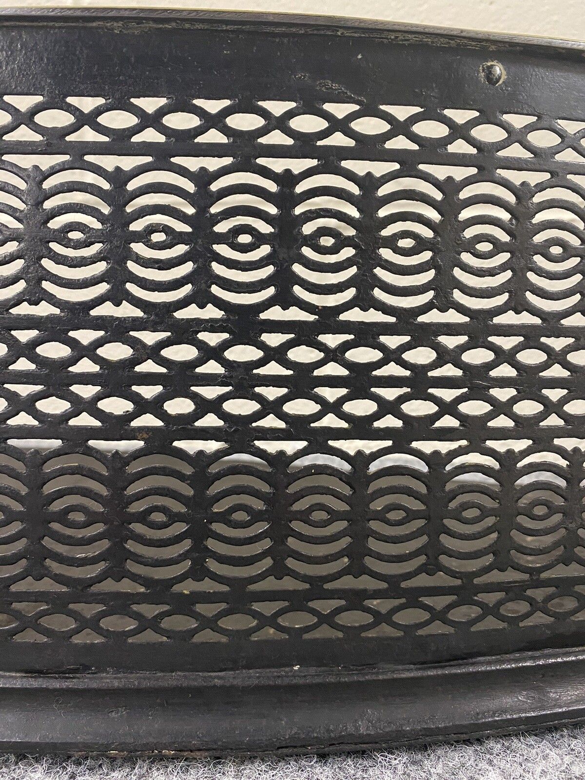 Large Curved Period Fire Place Fender Black Steel Fretwork And Brass photo vintage