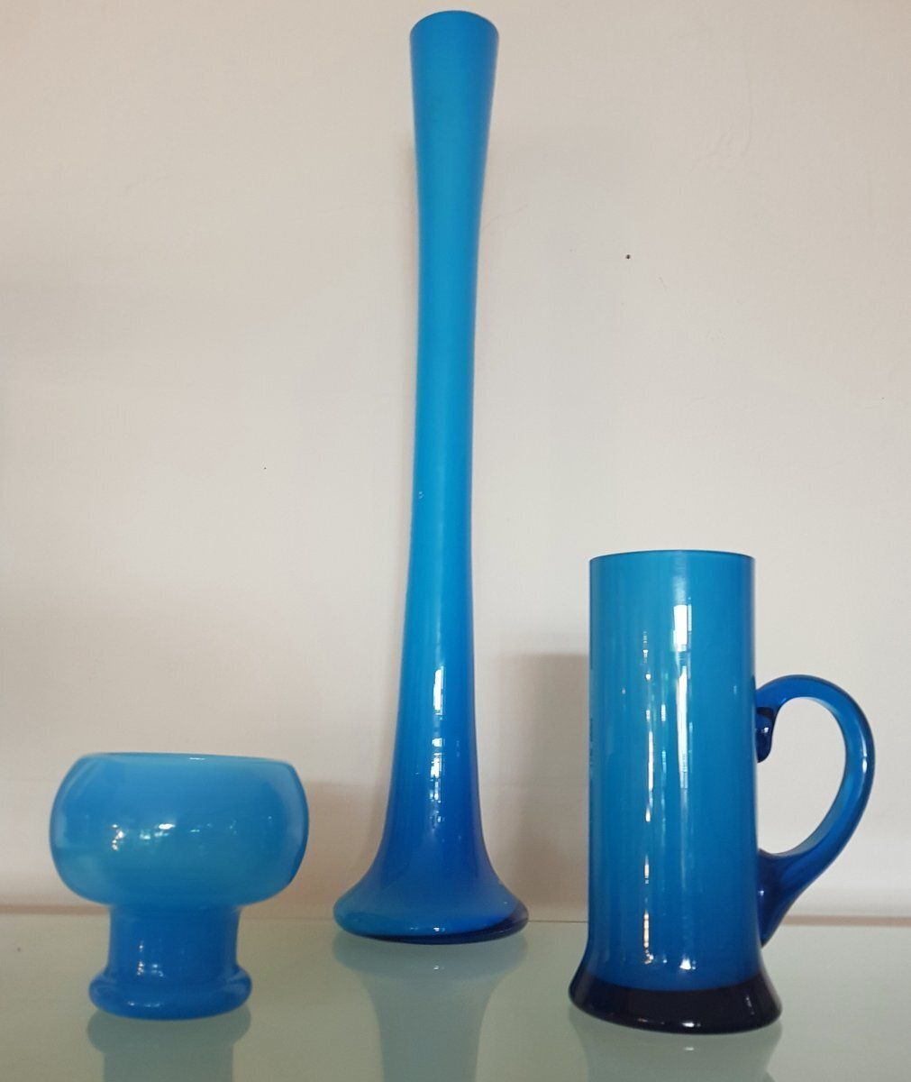 Mid Century Blue Vases From Friedrich Glas, 1960s, Set Of 3