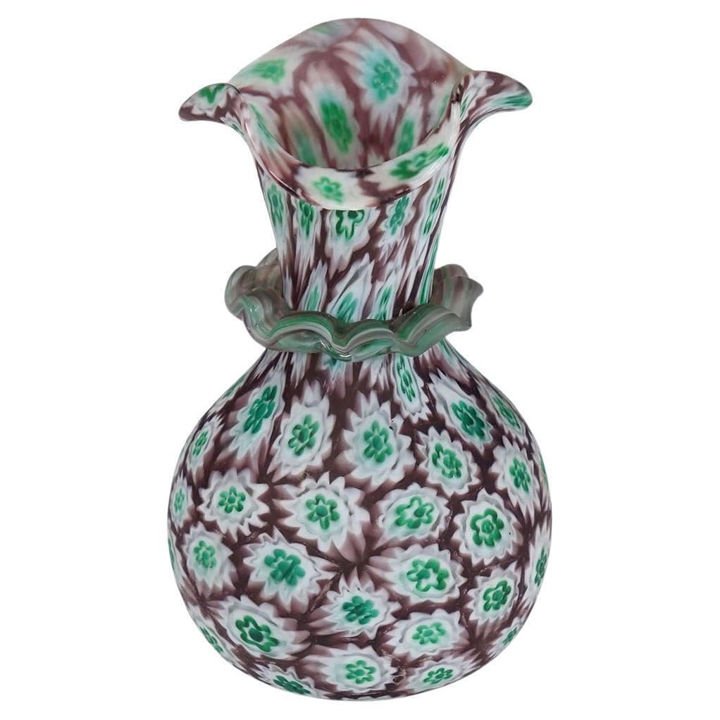 Antique Millefiori Vase Green And Brown With Rim, Fratelli Toso Murano Ca. 1920s