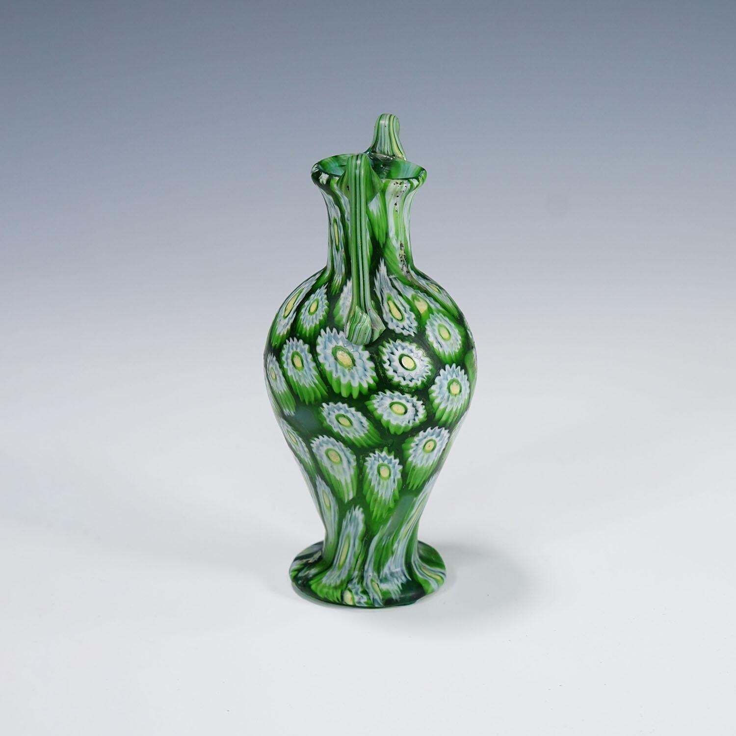 Antiek Millefiori Vaas Groen Met Handvatten, Fratelli Toso Murano Ca. 1920s photo Woonaccessoires
