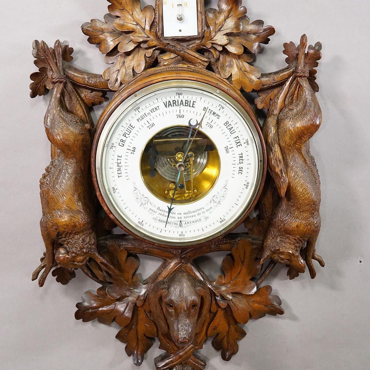 photo furniture Large Wooden Carved Black Forest Weather Station With Deer