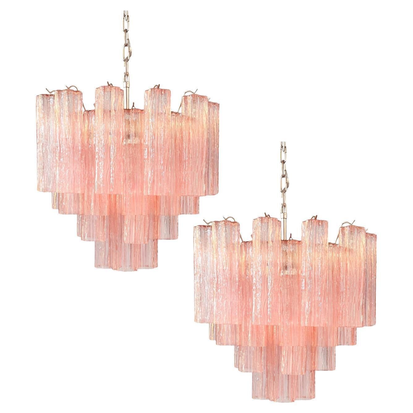Pair Of Italian 36 Pink Glass Chandeliers, Murano, 1970s