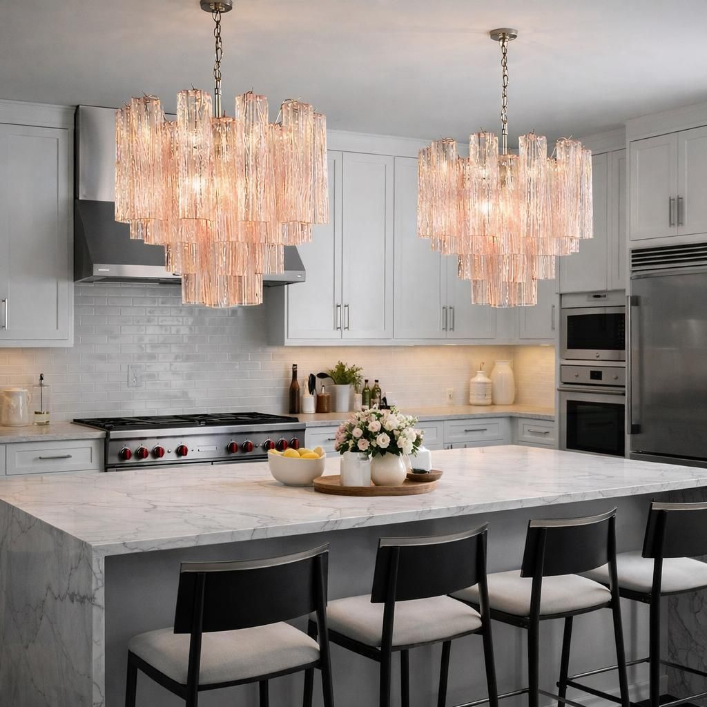 Pair Of Italian 36 Pink Glass Chandeliers, Murano, 1970s photo for sale