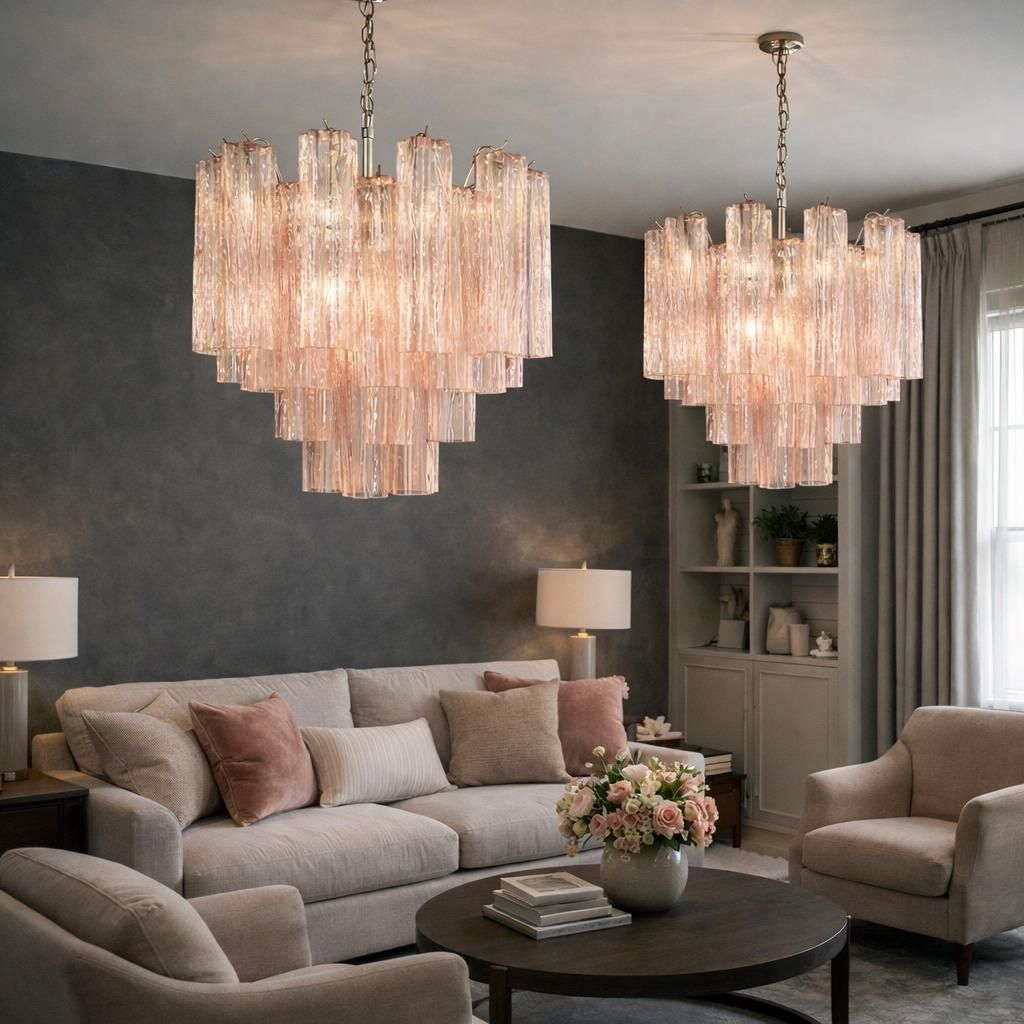 Pair Of Italian 36 Pink Glass Chandeliers, Murano, 1970s photo Lighting