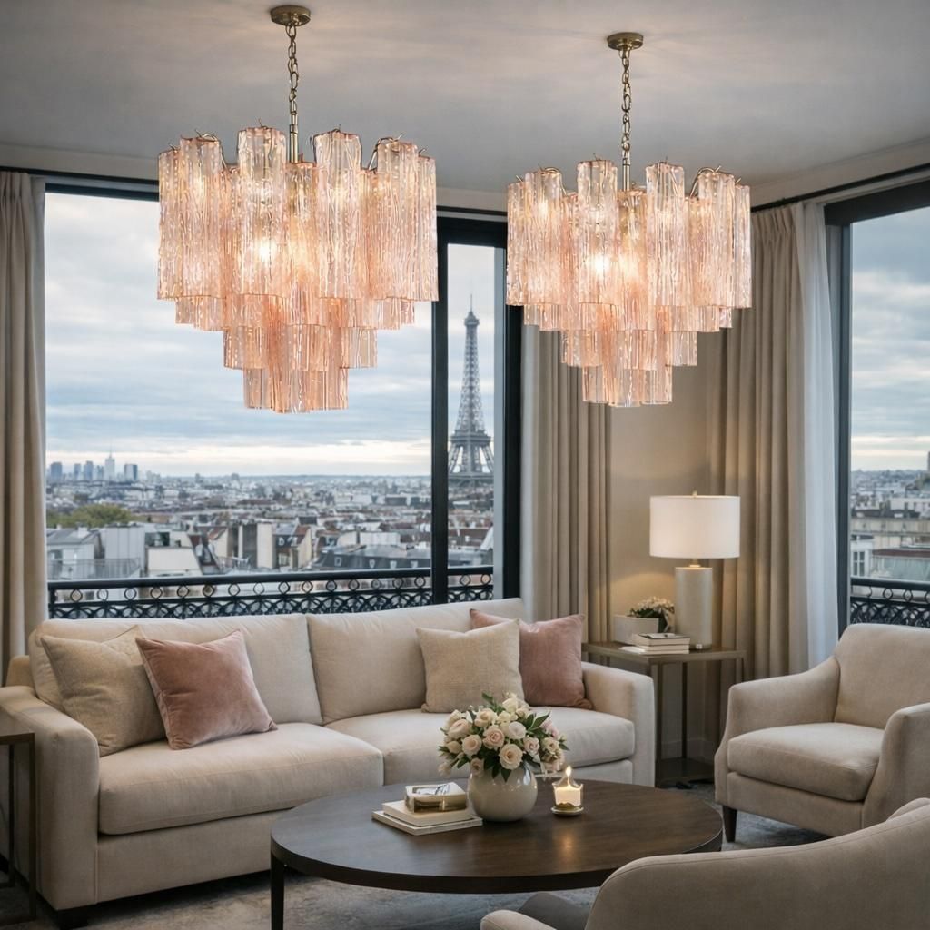 photo buy Pair Of Italian 36 Pink Glass Chandeliers, Murano, 1970s