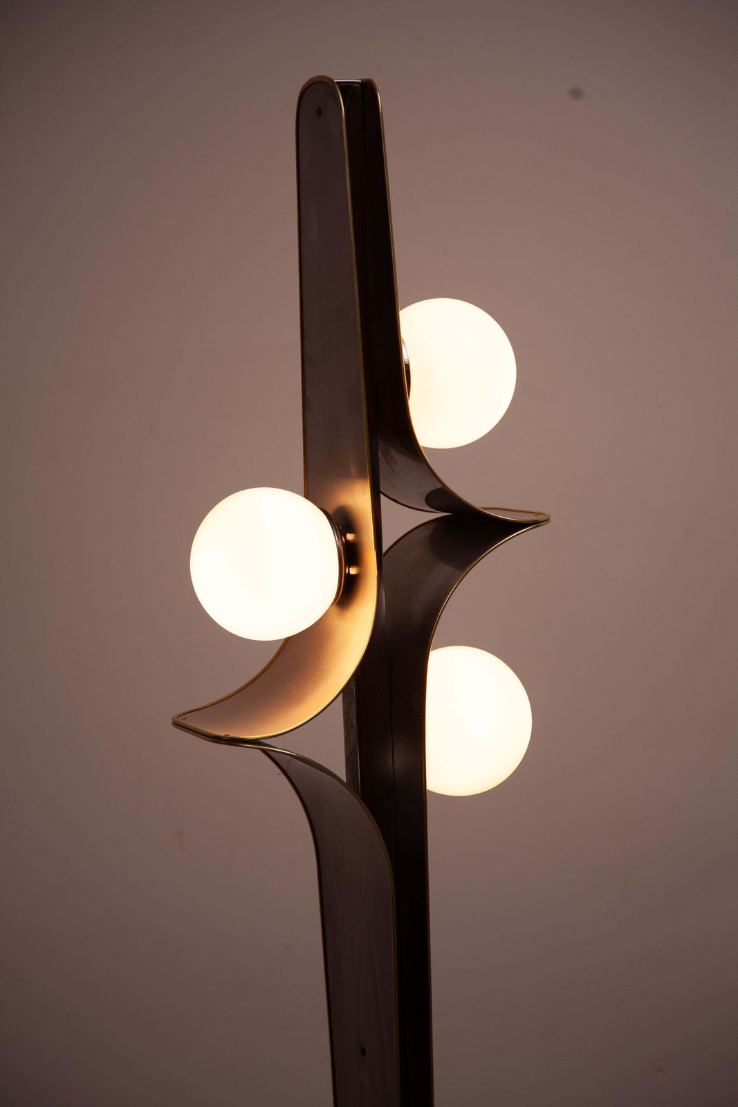 Rare Floor Lamp, Brushed Metal, Brass, Opaline Globes Murano, 1960s photo for sale