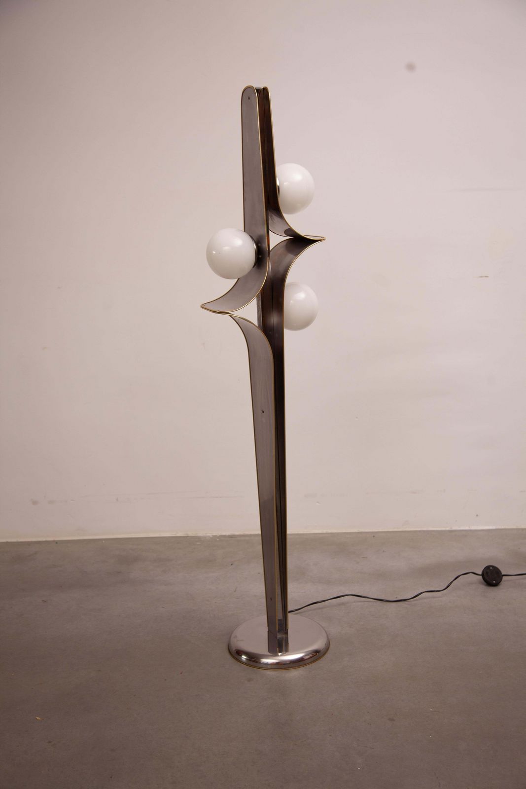 Rare Floor Lamp, Brushed Metal, Brass, Opaline Globes Murano, 1960s photo Lighting