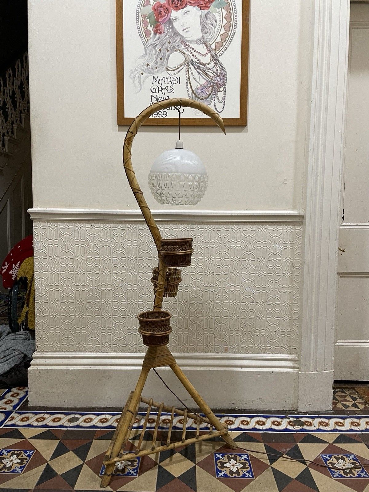 Mid Century Bamboo Standard Lamp Gooseneck Tiki Plant Holder Vintage Glass Shade