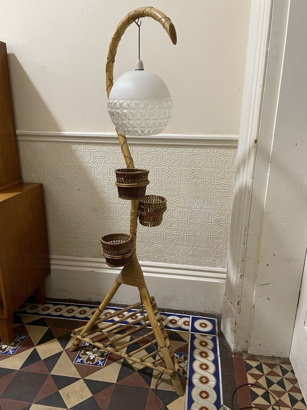 Mid Century Bamboo Standard Lamp Gooseneck Tiki Plant Holder Vintage Glass Shade photo 157.0