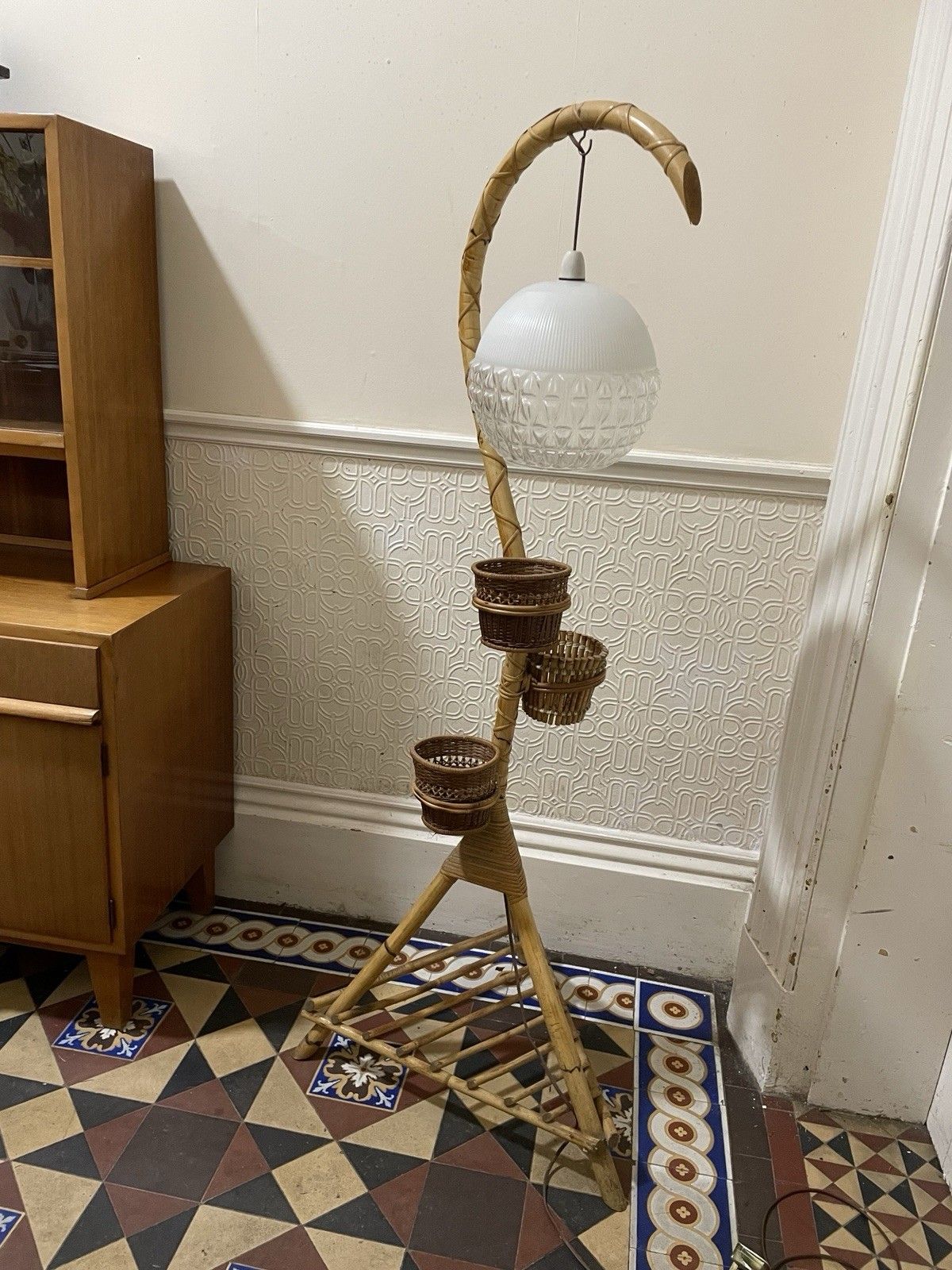 Lighting Mid Century Bamboo Standard Lamp Gooseneck Tiki Plant Holder Vintage Glass Shade photo