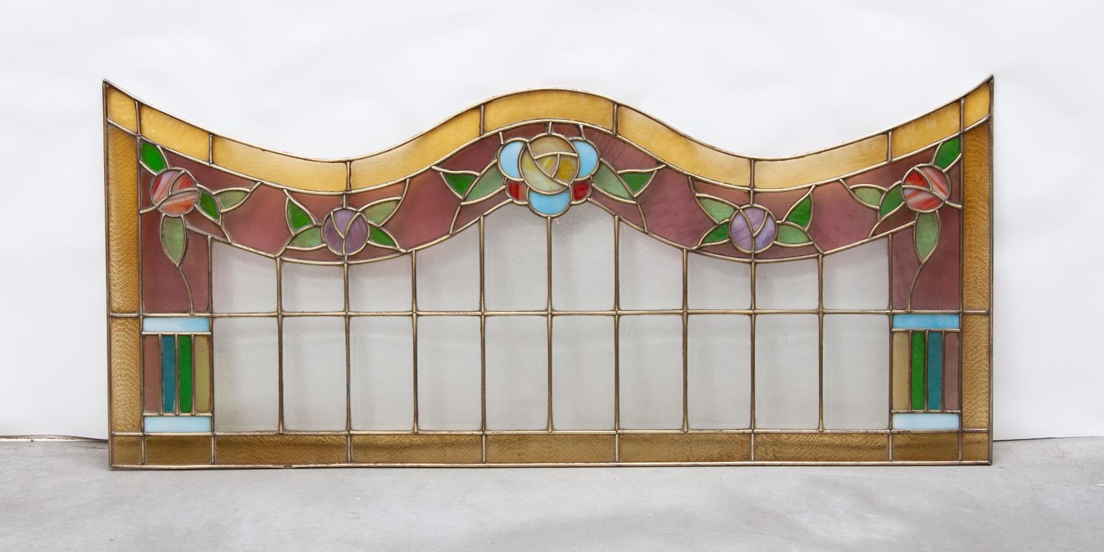 Art Deco Stained Flower Quirlande Glass Window In Etched Glass And Brass photo Art