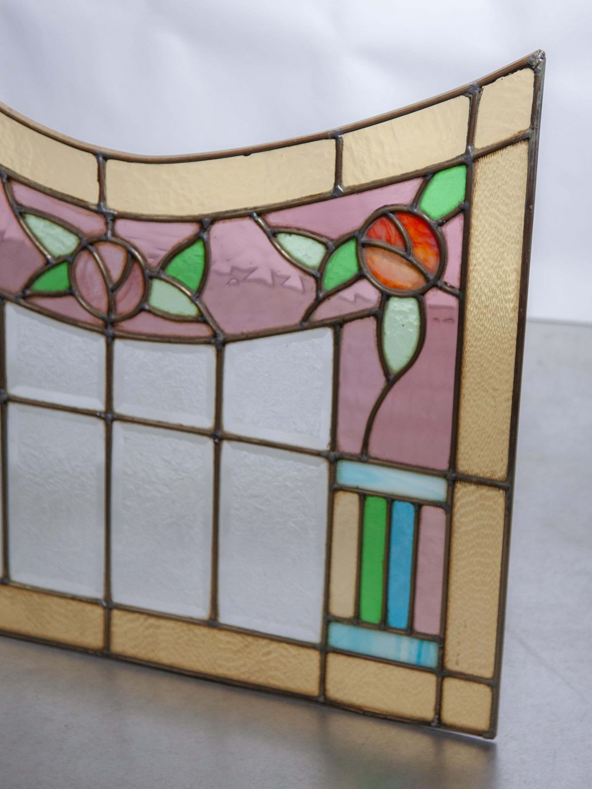 Art Deco Stained Flower Quirlande Glass Window In Etched Glass And Brass photo buy