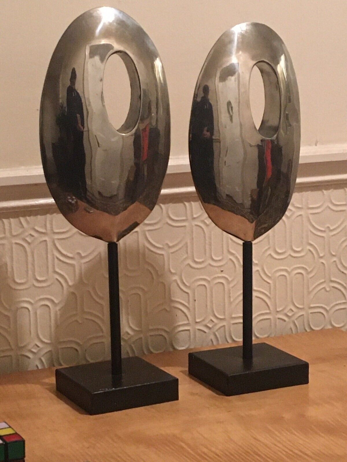 Pair Mid Century Modernist Minimalist Stainless Steel Abstract Sculptures photo for sale